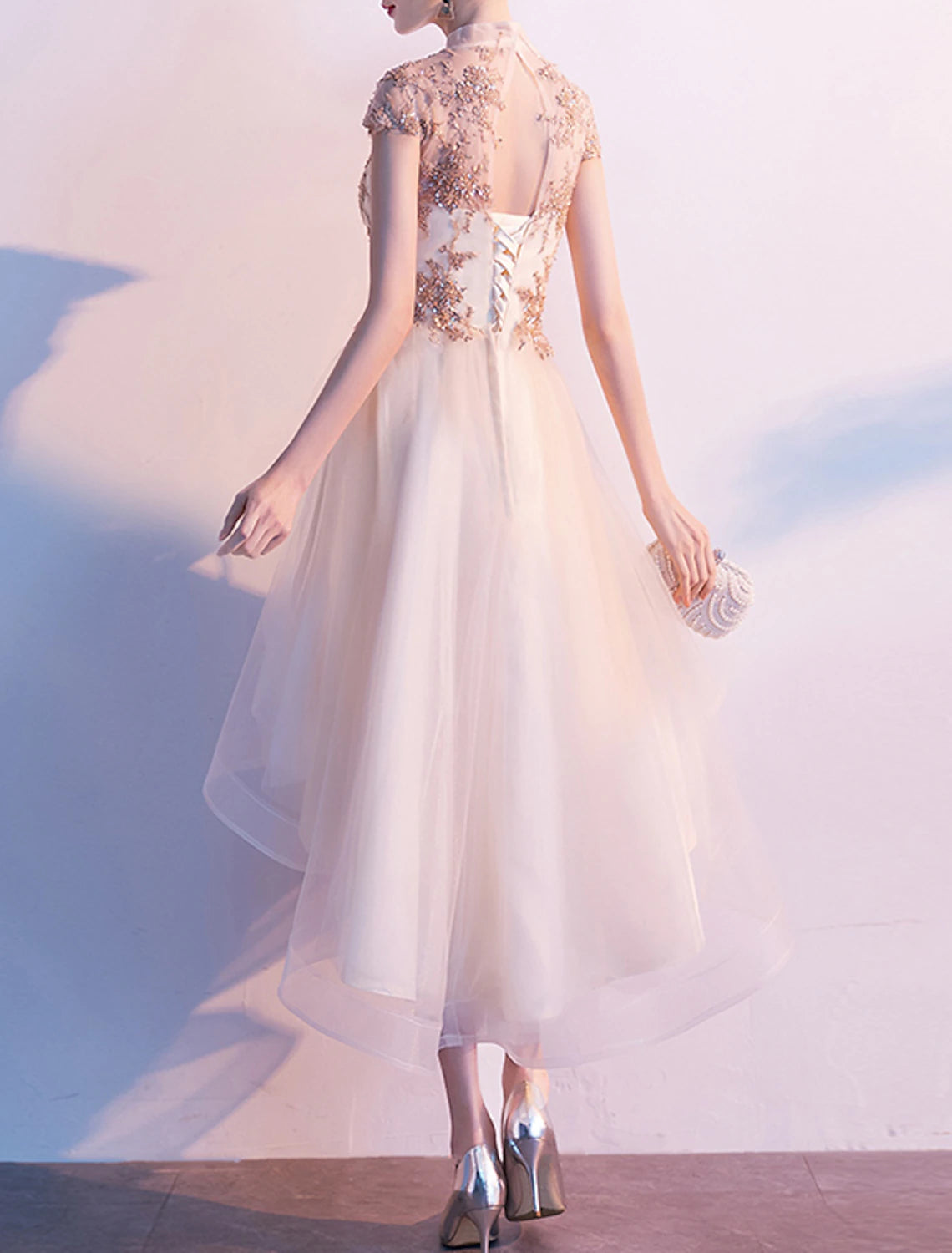 Wholesale A-Line Cocktail Dresses Chinese Style Dress Wedding Guest Homecoming Asymmetrical Short Sleeve High Neck Tulle with Pleats Appliques